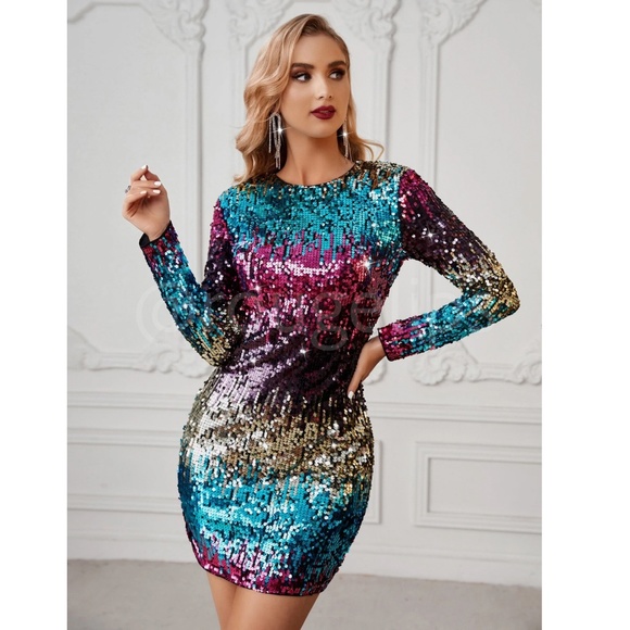 Multicolor Sequined Long Sleeve Mini Fitted Dress Short Slim - Picture 4 of 8